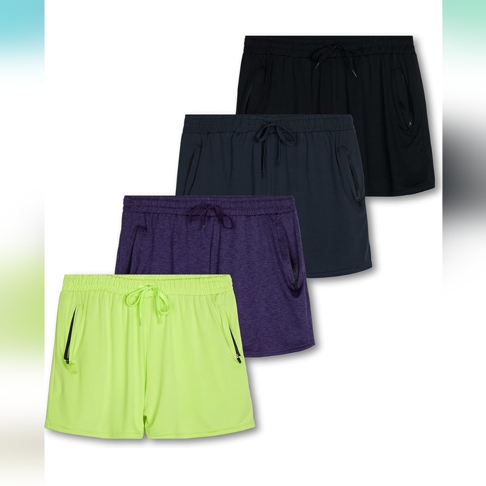 NWT 4 pack shorts Medium w/zipper gray purple black yellow dry fit elastic band